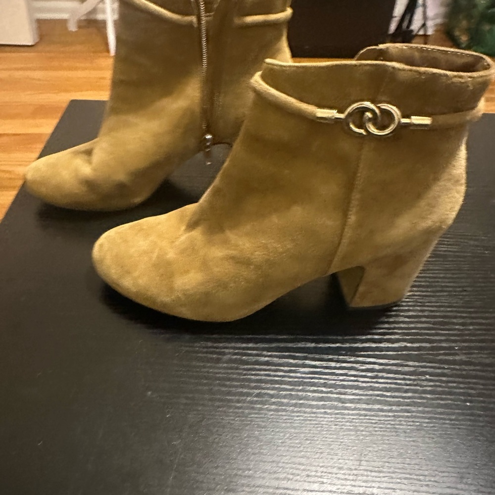 Tan Suede Ankle Boots with Gold Accent